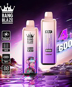 Display Of Two Bang Blaze 4-In-1 Vaping Devices With Vibrant Purple Hues, Labeled With Various Specifications And Features, And A Graphic Monkey Icon On One. The Background Includes A Reflective Liquid Surface And A Cosmic Scenery.