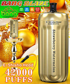 Promotional image of a gold-colored E-Shisha device labeled 'Bang Blaze' with features including 42,000 puffs and Strawberry Watermelon flavor displayed, set against a festive gold and white background.