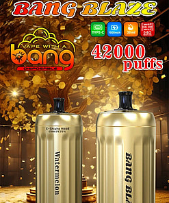 Promotional Image For Bang Blaze E-Shisha Head Featuring Two Gold-Colored Devices Labeled 'Watermelon' And 'Bang Blaze,' Showcasing 42,000 Puffs, Type-C Charging, 1000Mah Battery, And 30Ml Capacity Against A Golden Backdrop.