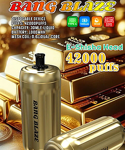 Promotional Image Of The Bang Blaze Disposable E-Shisha Device Highlighting Features Such As 42,000 Puffs, A 1,000Mah Battery, 30Ml Liquid Capacity, And A 0.6 Ohm Dual-Core Mesh Coil, Displayed Over A Background Of Gold Bars.