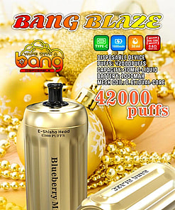 Promotional Image Showing A Disposable Vape Device Called 'Bang Blaze Blueberry Mint E-Shisha Head,' Featuring A Golden Design And Text Highlighting Its Specifications, Including 42,000 Puffs, 30 Ml Liquid Capacity, And 1000 Mah Battery.