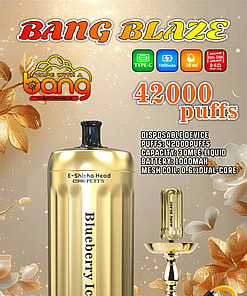Promotional Image For The 'Bang Blaze' Disposable E-Shisha Device In Gold Color, Featuring Specifications Such As 42,000 Puffs, 30Ml Liquid Capacity, 1000Mah Battery, And 0.62 Dual-Core Mesh Coil, With A Blueberry Ice Flavor Indication And Hookah Imagery In The Background.