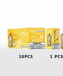Packaging And Product Images Of Bang E-Shisha Head With Mint Flavor, Showing Boxes For 10 Pieces And A Single Unit Alongside The E-Shisha Device In Gold Color; Contains A Nicotine Warning Label.
