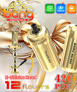 Bang Gold 42000 Promotional image for a golden e-shisha head offering multiple features, including 12 flavors, up to 42,000 puffs, 1000mAh battery, and USB-Type-C charging, with a decorative gift-themed background.