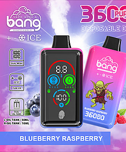 Promotional Image For A 'Bang' Disposable Vaping Device With 36,000 Puffs, Featuring Technology Highlights Such As Dual Mesh Coils, An Ice Feature, A Dual Oil Tank, Fingerprint Pressure Regulation, An 850Mah Battery, And Type-C Charging, Flavored With Blueberry Raspberry Blend.