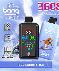 Promotional Image For The Bang Disposable Vape Device Featuring A Blueberry Ice Flavor, Showcasing Its Design, Features Like Fingerprint Pressure Regulation And 850Mah Battery, And Specifications Including Type-C Charging And Dual Oil Tanks.