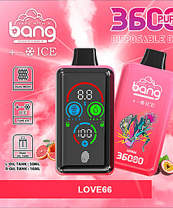 Brightly Colored Promotional Image For The Love66 Disposable Vaping Device, Showcasing Its Digital Control Interface And Colorful Casing With Key Features Listed, Including 36,000 Puffs, Dual Oil Tanks, An 850Mah Battery, And Fingerprint Pressure Regulation.