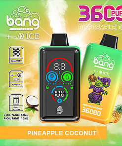 Promotional Image For A Bang Disposable Vape Device Featuring A Pineapple Coconut Flavor, Illustrated With A Detailed Interface And Vibrant Packaging.