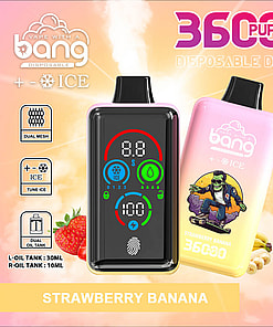 A Vibrant Advertisement Featuring A Disposable Vape Device With Modern Features, Showcasing A Digital Display, Dual Oil Tanks, And A Strawberry Banana Flavor; Surrounded By Related Icons And Graphics.