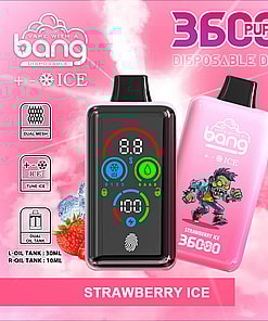 Promotional Image For A Bang Disposable Vape Device Featuring Strawberry Ice Flavor With A Pink Background, Highlighting Features Like Dual Mesh Coils, Fingerprint Pressure Regulation, An 850Mah Battery, And A Digital Screen.