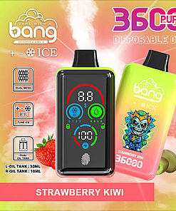 Promotional Image For The Bang Disposable Vape Device In Strawberry Kiwi Flavor, Featuring Dual Mesh Coils, Fingerprint Pressure Regulation, And 36000 Puff Capacity, With A Digital Display And Colorful Packaging Showing A Cartoon Design.
