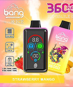 A Promotional Display Showing The Bang Disposable Vape Device In Strawberry Mango Flavor, Highlighting Features Such As 36000 Puffs, Fingerprint Pressure Regulation, Dual Mesh And Oil Tanks, And Type-C Charging.