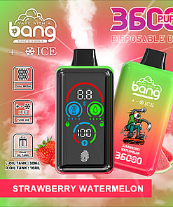 Promotional Image For The Bang Disposable Vape Device Featuring A Strawberry Watermelon Flavor, Showcasing A Dual Oil Tank, Dual Mesh Coil, Adjustable Ice Tune Feature, Fingerprint Pressure Regulation, 850Mah Battery, And 36000 Puff Capacity With A Type-C Charging Port.