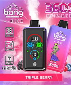 Advertisement showcasing a disposable vape device by Bang 36000 Ice Level puffs capacity, a colorful design labeled 'Triple Berry', and technical details including dual oil tanks, fingerprint pressure regulation, and USB Type-C charging.