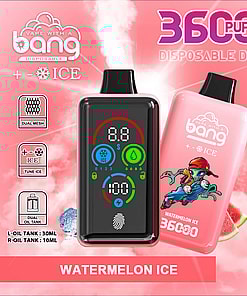Promotional image for the Bang disposable vaping device in 'Watermelon Ice' flavor, highlighting features such as 36000 puffs capacity, adjustable settings, fingerprint regulation, and dual oil tanks with a 850mAh battery.