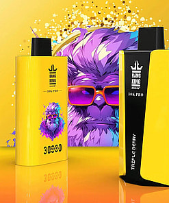 Two Yellow Bang King 30K Pro Electronic Cigarette Devices Positioned On A Reflective Surface With A Vibrant Graphic Of A Purple, Sunglasses-Wearing Character In The Background.