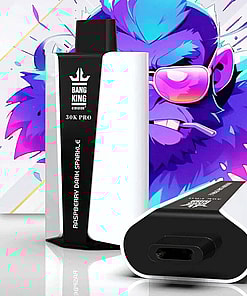 Advertisement Featuring A Disposable Vaping Device Named 'Bang King 30000 Pro ' With Raspberry Dark Sparkle Flavor, Capable Of 30,000 Puffs, 36Ml E-Liquid Capacity, And An 850Mah Battery.
