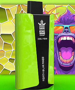 Brightly Colored Compact Vaping Device Labeled 'Bang King 30K Pro Minty Blue Razz' Against A Vibrant, Psychedelic Background Featuring An Animated Gorilla Wearing Mirrored Sunglasses.
