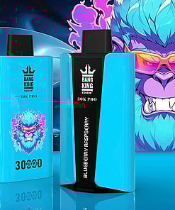 Two Vibrant Blue Vape Devices, Labeled 'Bang King 30K Pro,' With A Stylized Flaming Gorilla Graphic And 'Blueberry Raspberry' Flavor Indication, Set Against A Dynamic Background.