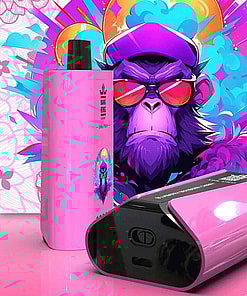A Vibrant Product Display Featuring A Pink Vape Device With A Colorful, Stylized Gorilla Wearing Sunglasses And A Hat Depicted On The Packaging And Backdrop.