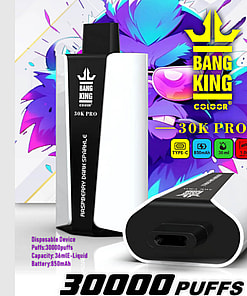 Advertisement featuring a disposable vaping device named 'Bang King 30000 Pro ' with Raspberry Dark Sparkle flavor, capable of 30,000 puffs, 36mL e-liquid capacity, and an 850mAh battery.