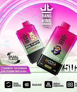 Promotional image for Bang King vapes, displaying two colorful vape devices with features including dual flavors (strawberry watermelon, kiwi passion fruit guava), 50,000 puffs, mesh coil, adjustable airflow, and a digital screen display.