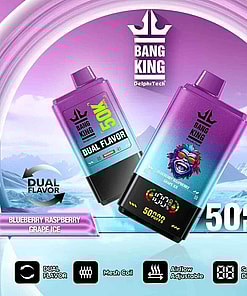Marketing Image Of Bang King Disposable Vape Devices Featuring Dual Flavors, Mesh Coil Technology, Adjustable Airflow, And Digital Display, Highlighted With A Vibrant Purple And Teal Icy Backdrop; The Prominent Flavors Shown Are Blueberry Raspberry Grape Ice.
