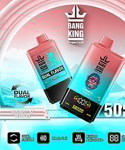 A Promotional Image For Bang King Vape Devices Featuring Dual Flavors, Blueberry Ice And Peach Ice, With A Display Screen And Advertised 50,000 Puffs Capability On A Stylized Icy Blue Background.