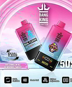 Advertisement For Bang King Electronic Vape Devices Featuring Dual Flavors Watermelon Ice And Blueberry Cherry, With Details On 50,000 Puffs, Mesh Coil Technology, Adjustable Airflow, And Digital Screen Display.