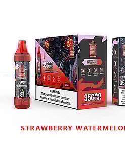 A display featuring a strawberry watermelon electronic vaping device alongside its colorful packaging, which prominently lists the quantity of 35,000 puffs and features clear health warnings about nicotine addiction.