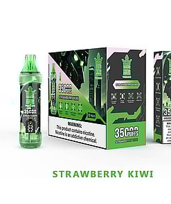 A Product Display Featuring A Bang King Vape With 35,000 Puffs In Strawberry Kiwi Flavor, Alongside Its Packaging Labeled With Warnings About Nicotine As An Addictive Chemical.