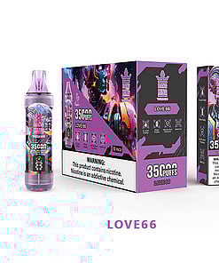 A Bang King Vape Product Set Featuring A Large Bottle And Corresponding Box For The Flavor 'Love 66,' Designed With Vibrant, Futuristic Graphics, And Labeled With Information About 35,000 Puffs And Nicotine Content Warnings.