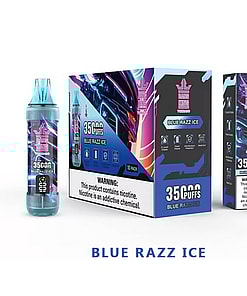 Packaging For Bang King Brand Blue Razz Ice Vaping Product Featuring A Blue And Pink Futuristic Design, Labeled With '3500 Puffs' And A Nicotine Warning.