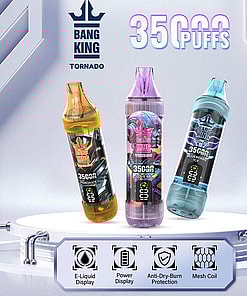 Bang King 35000 Tornado disposable vape models in different colors and flavors—Peach Ice, Love 66, and Blueberry Ice—on a futuristic display platform, with accompanying features such as E-Liquid Display, Power Display, Anti-Dry-Burn Protection, and Mesh Coil indicated below.