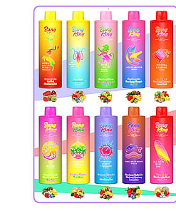 A Colorful Collection Of Bang King's Flavored Beverage Bottles In Three Rows, Each Uniquely Labeled With Various Fruit Designs And Themes, Accompanied By Corresponding Fruit Illustrations.