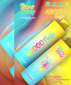 Promotional Image Of Bang King Triple Disposable Vape Device, Highlighting Features Such As 45,000 Puffs Count, Type-C Charge Port, 650Mah Battery, And 15Ml E-Liquid Capacity For Each Of Three Flavors.