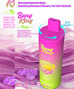 Promotional image of Bang King Triple disposable vape device with 45000 puffs, featuring a colorful design and details on specifications and flavors.