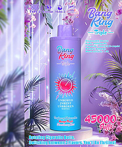 Promotional Image Of A Disposable Vape Device Named 'Bang King Triple,' Showcasing A Purple Container Design With Decorative Text And Graphics, Highlighting Features Like 45000 Puffs, Type-C Charging, Three Flavors, And A Tropical-Themed Background.