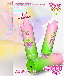 Promotional Image Of A Bang King Triple Device Featuring A Pink And Green Gradient Design, Highlighting Features Like 3-In-1 Flavor Switch, 45000 Puffs Capacity, And Type-C Charging Functionality.