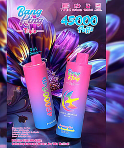 Promotional Image Featuring Two Vibrant Vaping Devices Labeled 'Bang King Triple' Surrounded By Colorful Floral Artwork, Highlighting Specifications Such As 45000 Puffs And A 3-In-1 Flavor Switch.