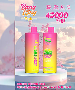 Promotional Display Of Bang King Triple Vaping Devices, Featuring Pink And Yellow Vaporizer Units With A 45000 Puff Capacity, Set Against A Nature-Inspired Background.