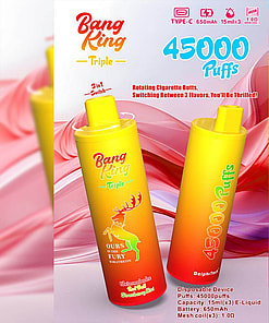 Promotional Image For Bang King Triple Disposable Vaping Devices, Featuring Two Yellow And Orange Cartridges With A Colorful Background, Showcasing Product Specifications Including 45,000 Puffs, 650Mah Battery, And 15Ml E-Liquid Capacity.