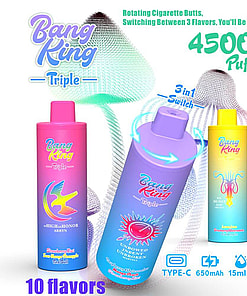 Marketing image for Bang King TripleBang King Triple 45000 e-cigarettes showcasing colorful cylindrical designs with features like 45,000 puffs, rotating cigarette buts for three flavors, and a Type-C rechargeable battery.