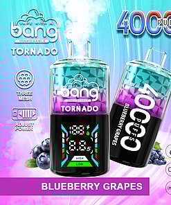 Promotional image for the Bang Tornado 40000 disposable vape device showcasing its blueberry grape flavor, 40,000-puff capacity, 850mAh battery, adjustable power, and Type-C charging, with a colorful design and vaping accessories displayed.