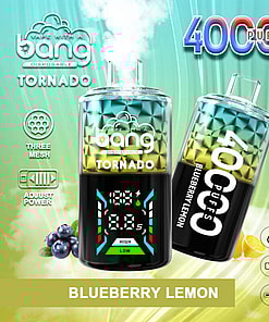 Promotional image of the Bang Tornado disposable vaping device highlighting a 40,000 puff capacity, blueberry lemon flavor, adjustable power settings, a 40ml liquid volume, and an 850mAh battery with Type-C charging.