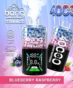 Promotional Image For Bang Tornado Disposable Vape Featuring Blueberry Raspberry Flavor, Showing Technical Specifications Including 40Ml Volume, 850Mah Battery, And Type-C Charging, With The Design Showcasing Digital Controls And Vibrant Colors.