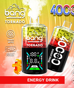 Advertisement For The 'Bang Tornado' Disposable Vape, Featuring 40,000 Puffs And An Energy Drink Flavor, With Details Including Three Mesh Coils, Adjustable Power Settings, 40 Ml E-Liquid Capacity, 850Mah Battery, And Type-C Charging.