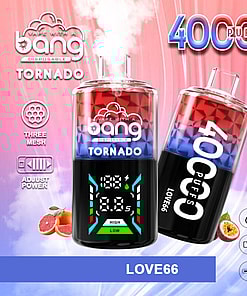 Promotional Image Featuring The Bang Tornado Disposable Vape Device, Showcasing Its Features Including 40,000 Puffs, Led Screen, Adjustable Power, Three Mesh Design, 850Mah Battery, And Type-C Charging, With A Fruit Flavor Theme.