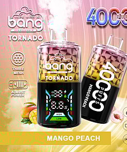 Advertisment For Bang Tornado 40,000-Puff Disposable Vape Devices In Mango Peach Flavor, Featuring A Digital Display, Adjustable Power, And Type-C Charging.