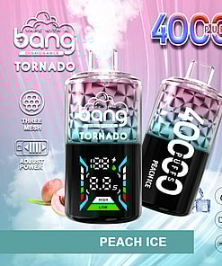 Promotional Graphic Of Bang Disposable Vape Devices In The Tornado Peach Ice Flavor, Featuring 40,000 Puffs Capacity, A Digital Control Panel, And Specifications Like 40Ml Volume, 850Mah Battery, And Type-C Charging.